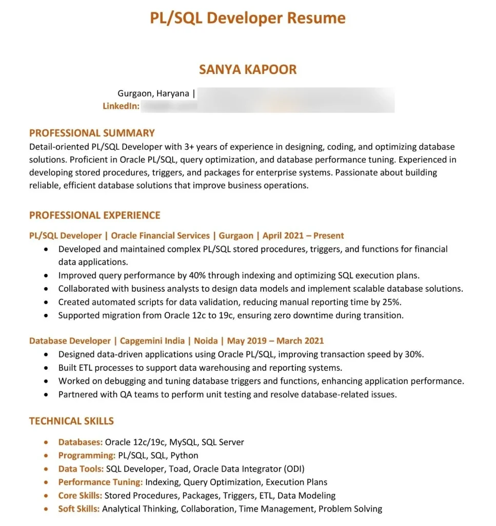 PL/SQL Developer Resume