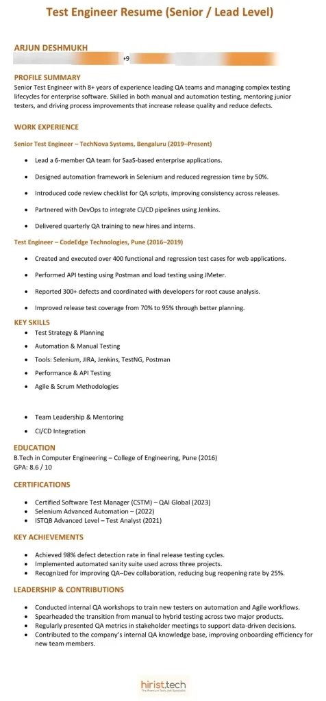 Test Engineer Resume (Senior / Lead Level)