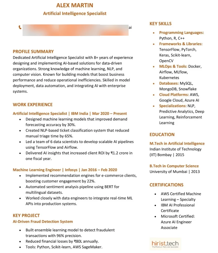 Artificial Intelligence Specialist Resume