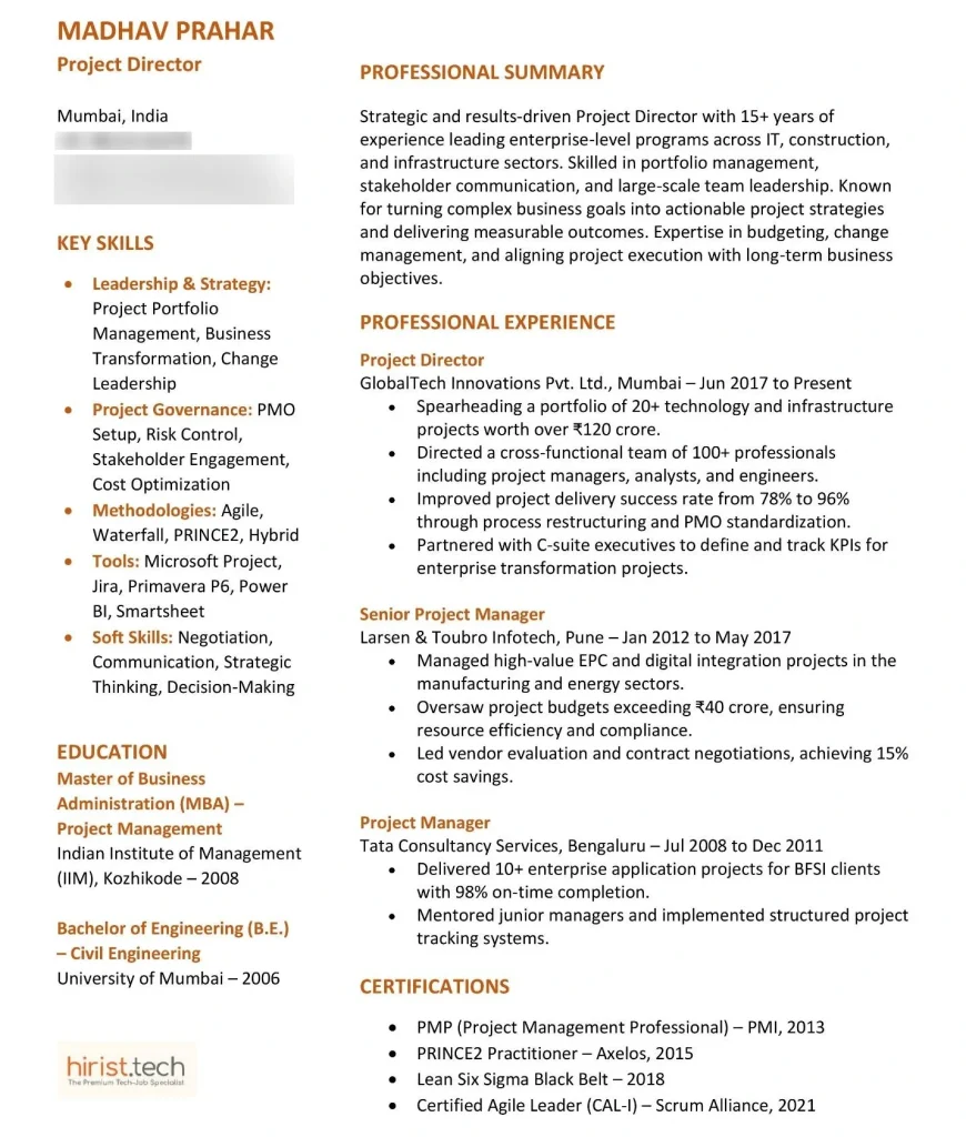Project Director Resume Sample