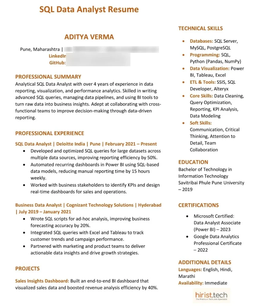 SQL Data Analyst Resume