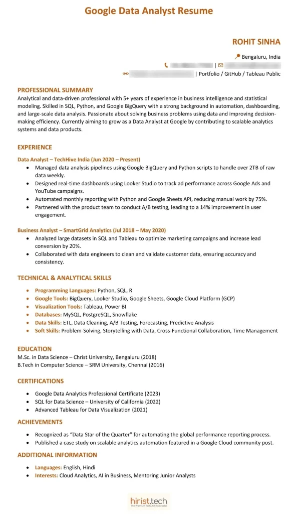 Google Data Analyst Resume