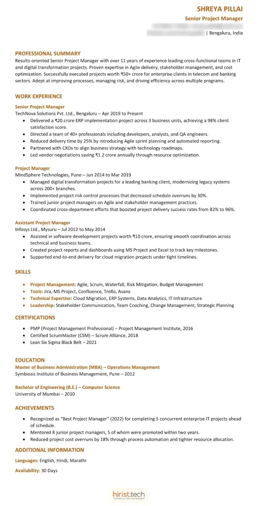 Senior Project Manager Resume