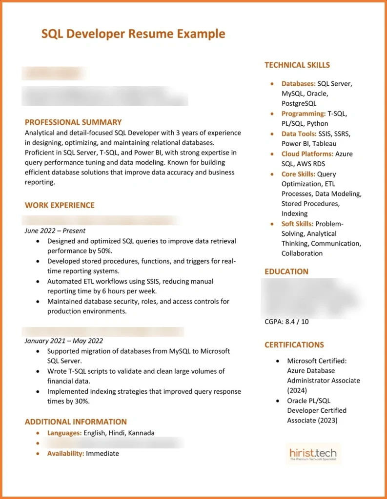 SQL Developer Resume Example